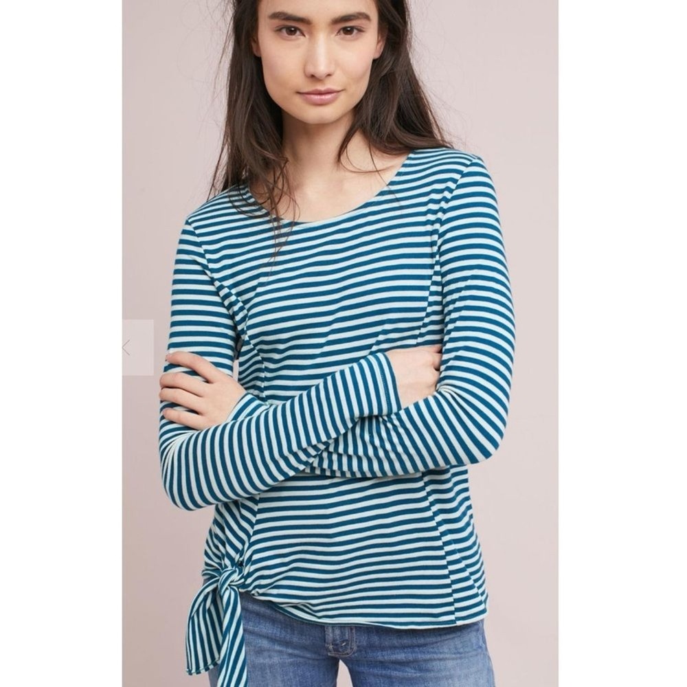 Anthropologie T.La Womens Striped Top S Blue Barela Tie Waist Long Sleeve Twee